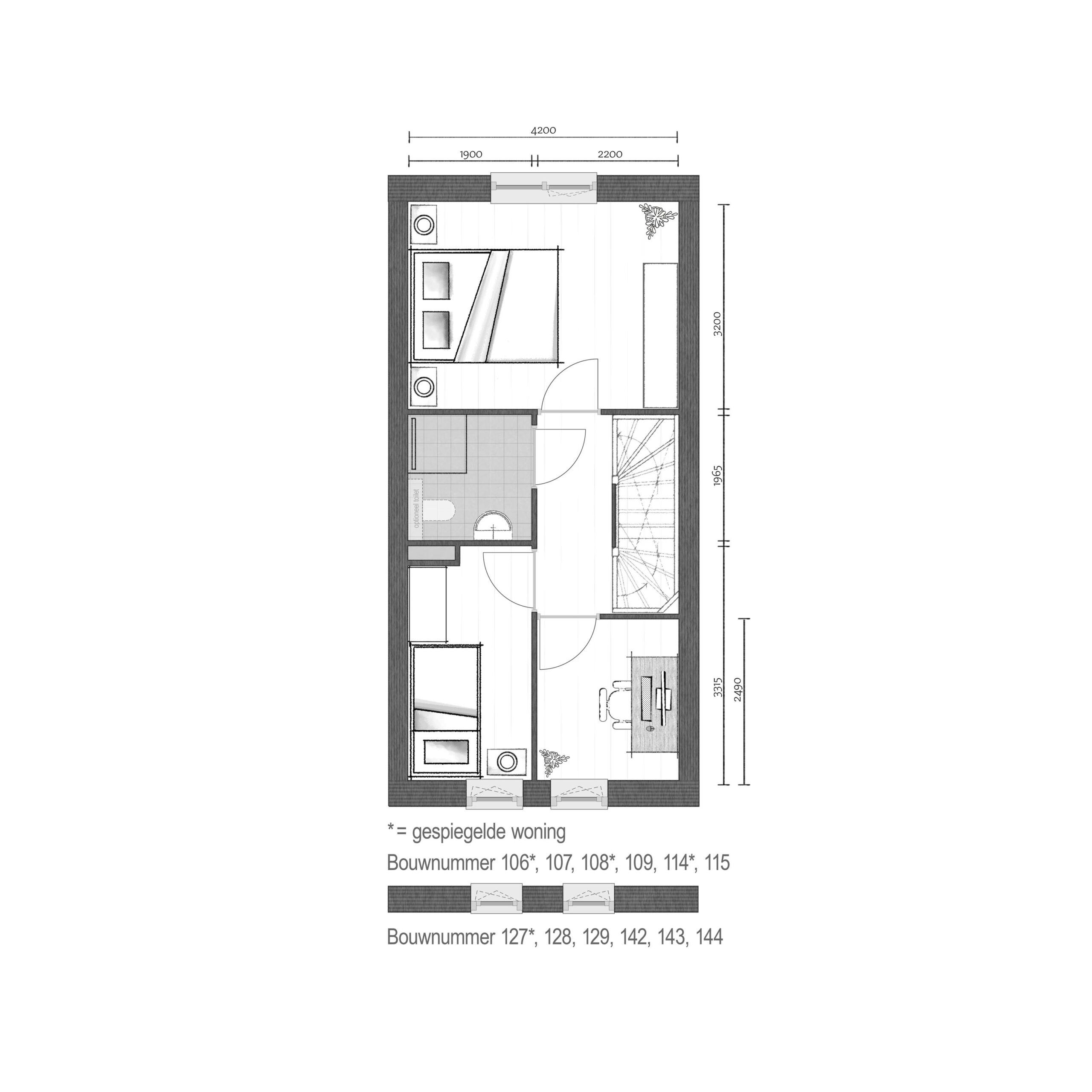 Plattegrond 1e verdieping - Bnr. 106 - 109, 114, 115, 127 - 129 & 142 - 144