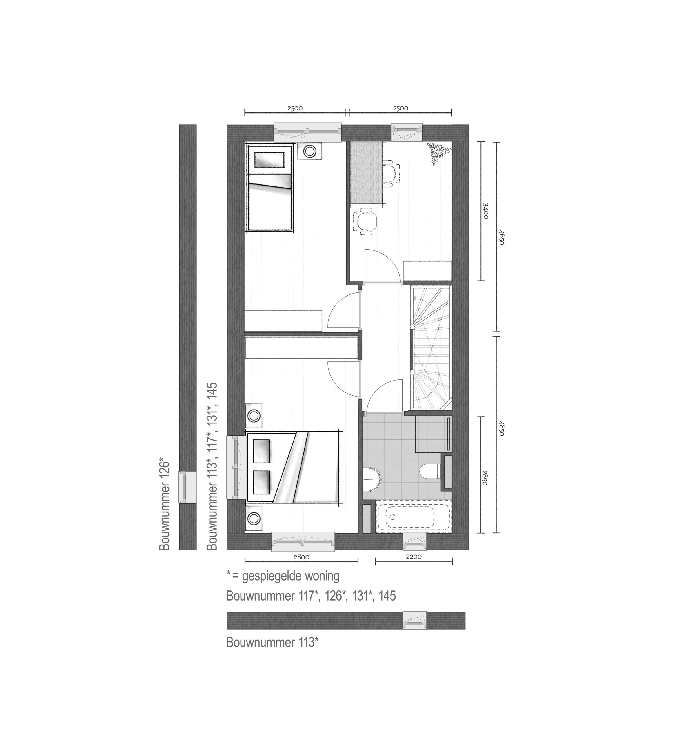 Plattegrond 1e verdieping - Bnr. 113, 117, 126, 131 & 145