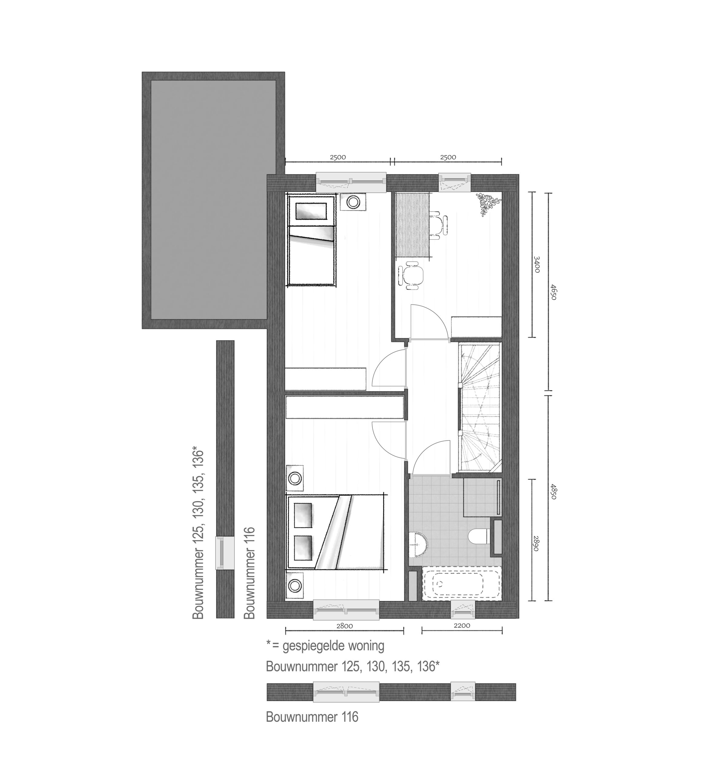 Plattegrond 1e verdieping - Bnr. 116, 125, 130, 135 & 136