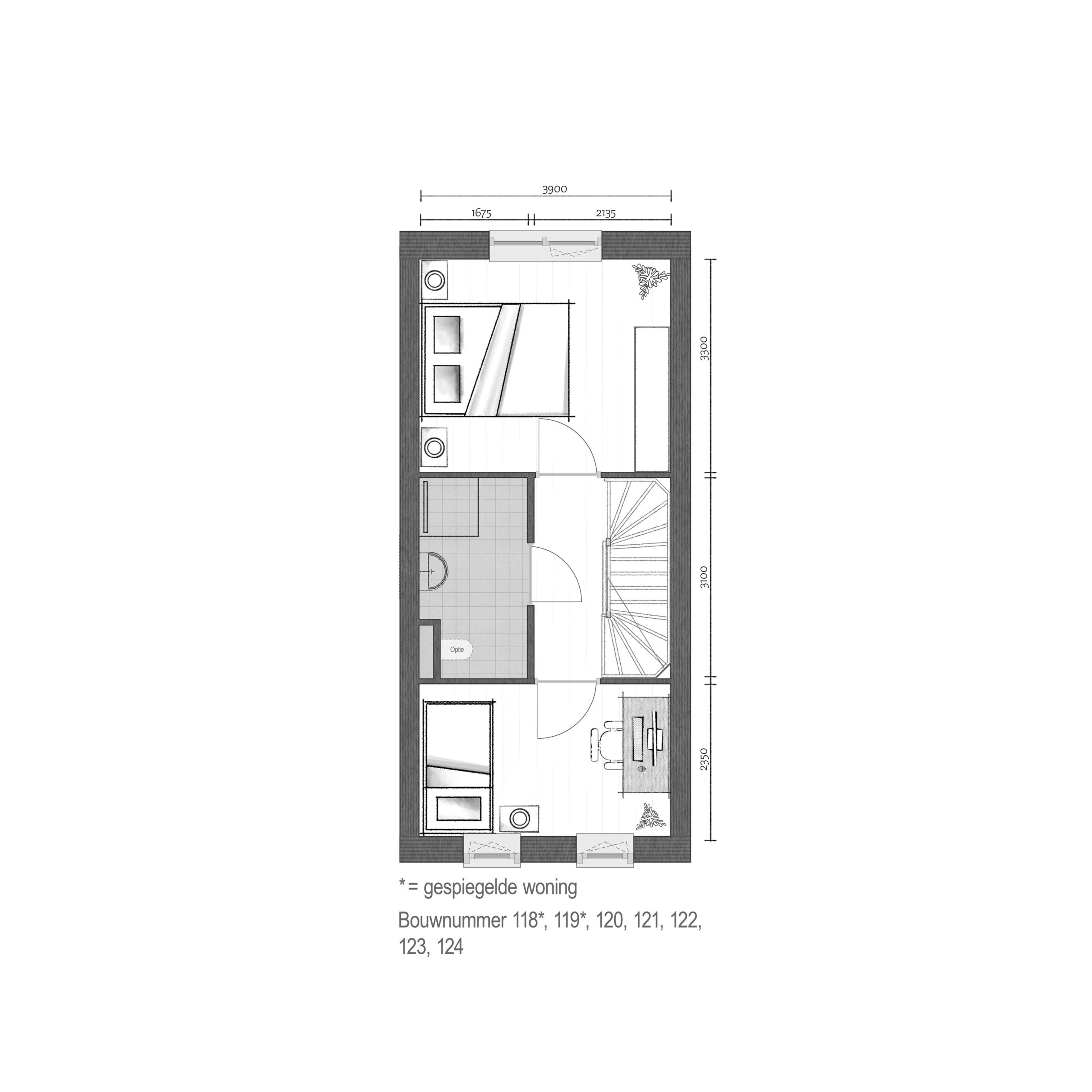 Plattegrond 1e verdieping - Bnr. 118 - 124