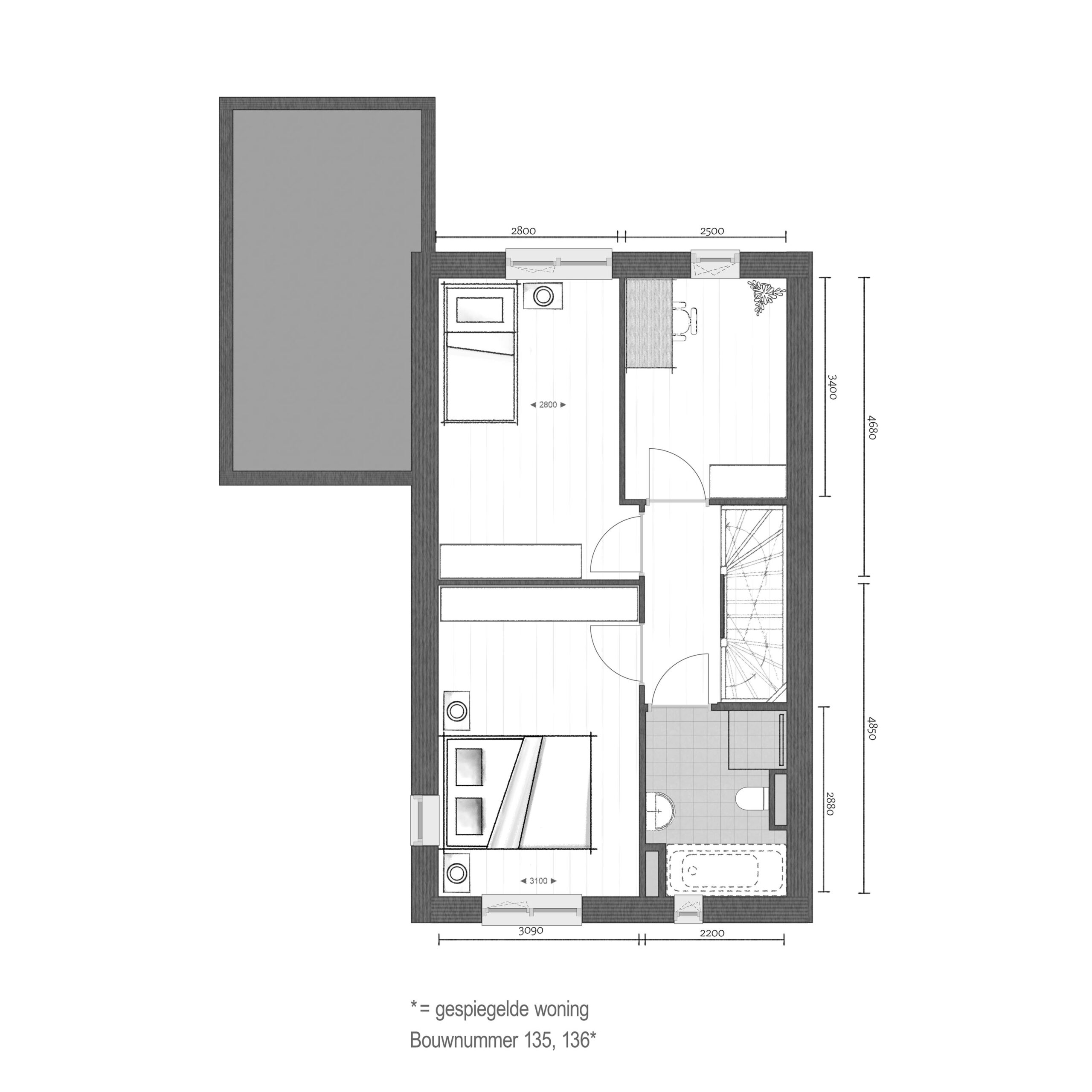 Plattegrond 1e verdieping - Bnr. 135 & 136