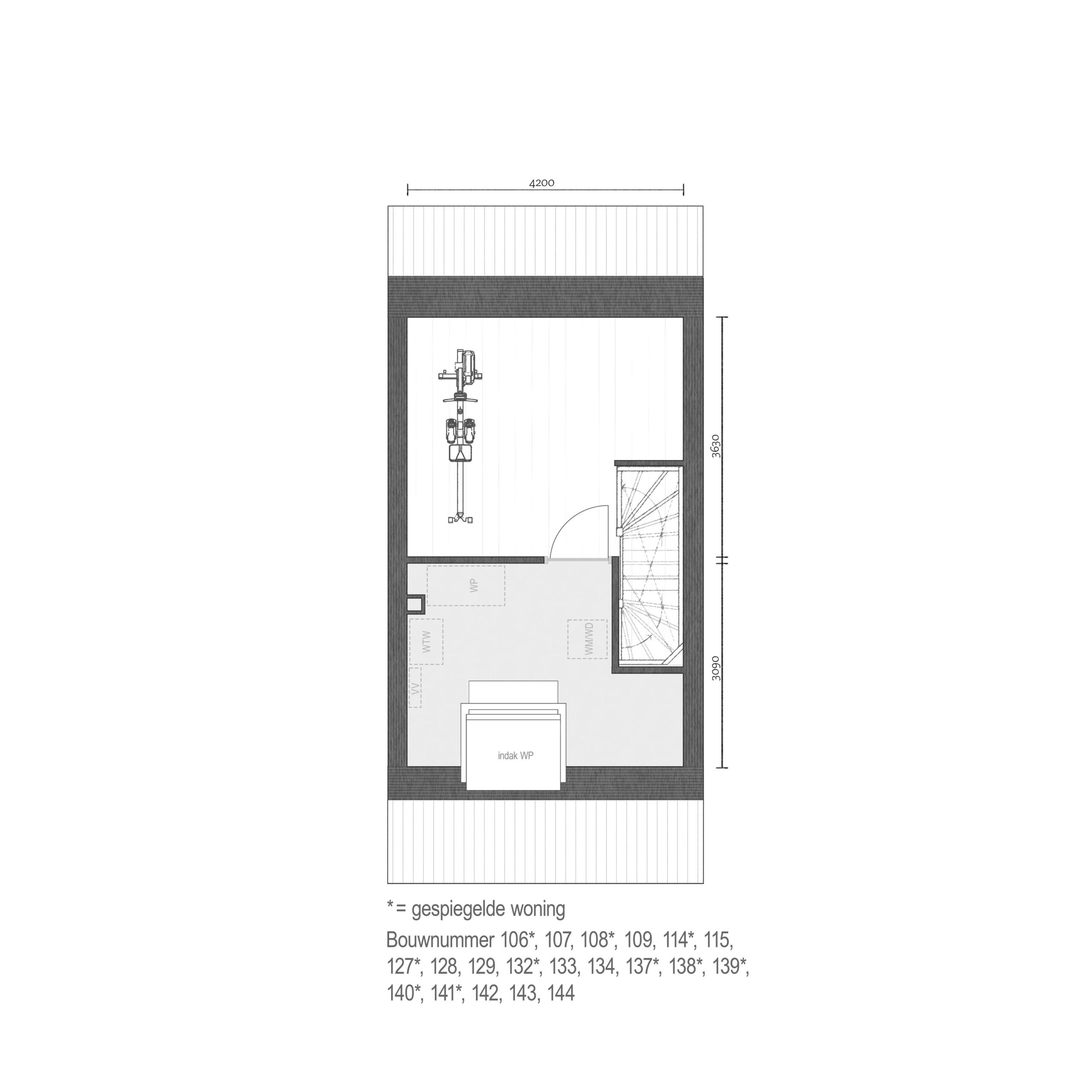 Plattegrond 2e verdieping - Bnr. 106 - 109, 114, 115, 127 - 129, 132 - 134, 137 & 144