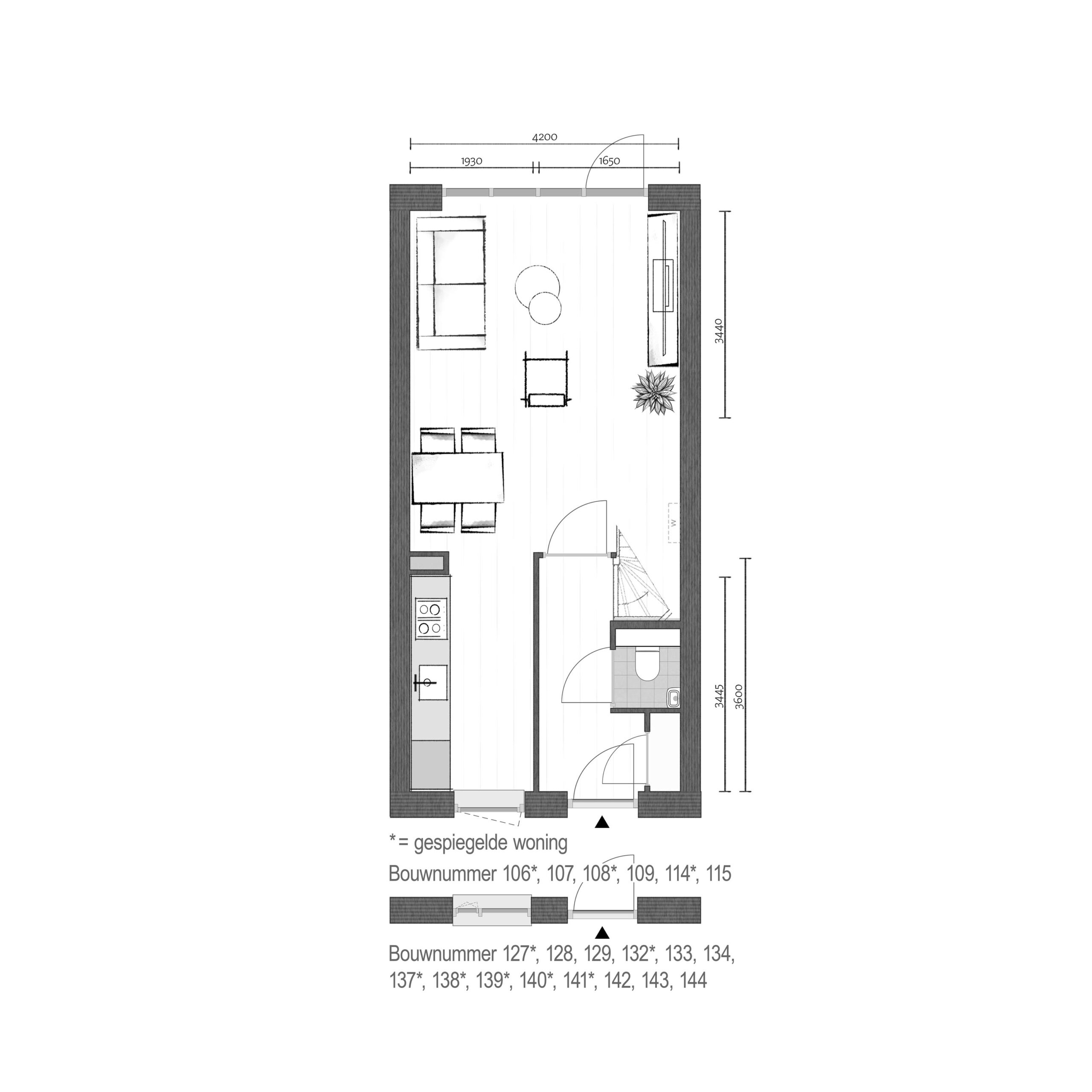 Plattegrond Begane grond - Bnr. 106 - 109, 114, 115, 127 - 129, 132 - 134 & 137 - 144