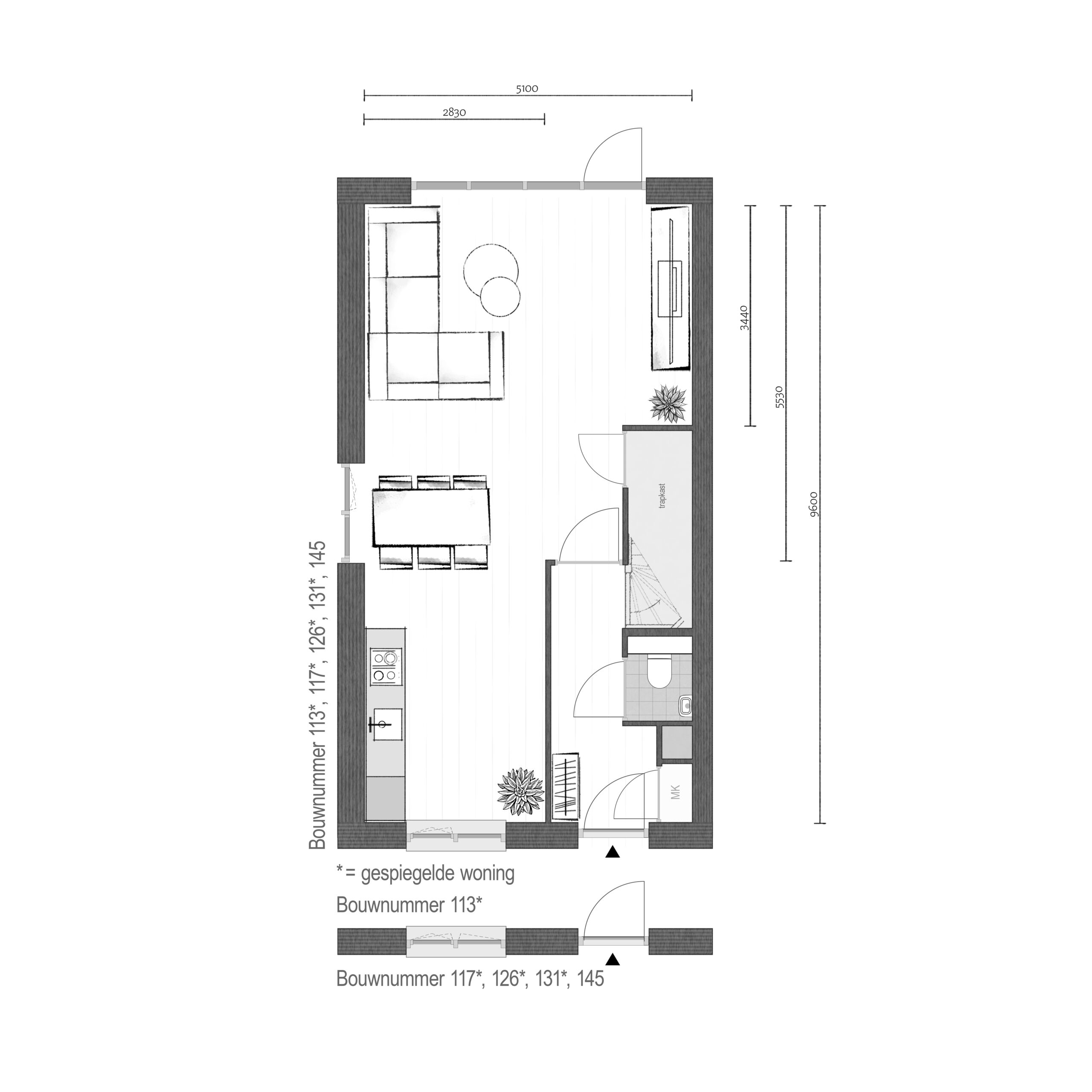 Plattegrond Begane grond - Bnr. 113, 117, 126, 131 & 145