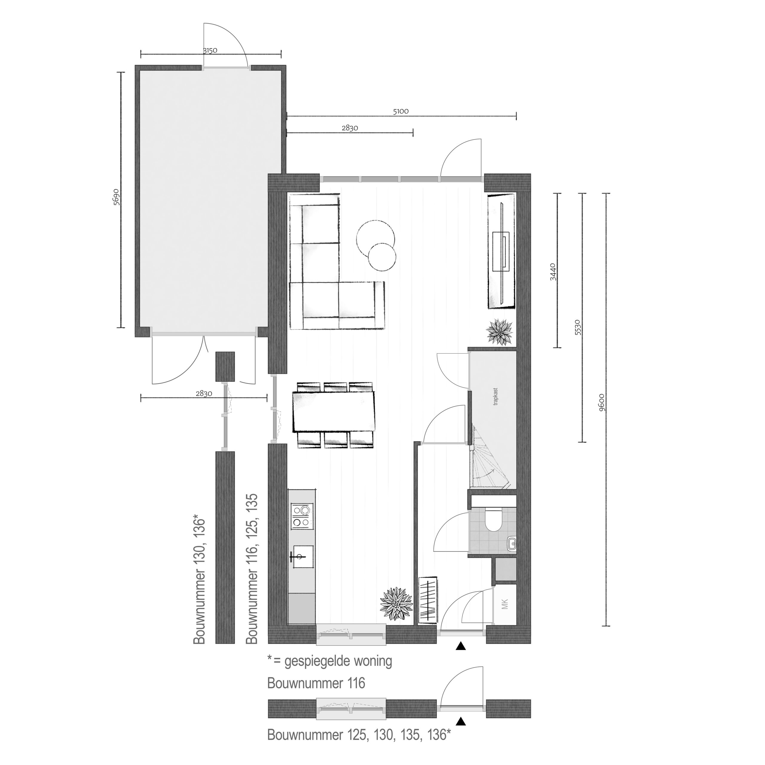 Plattegrond Begane grond - Bnr. 116, 125, 130, 135 & 136