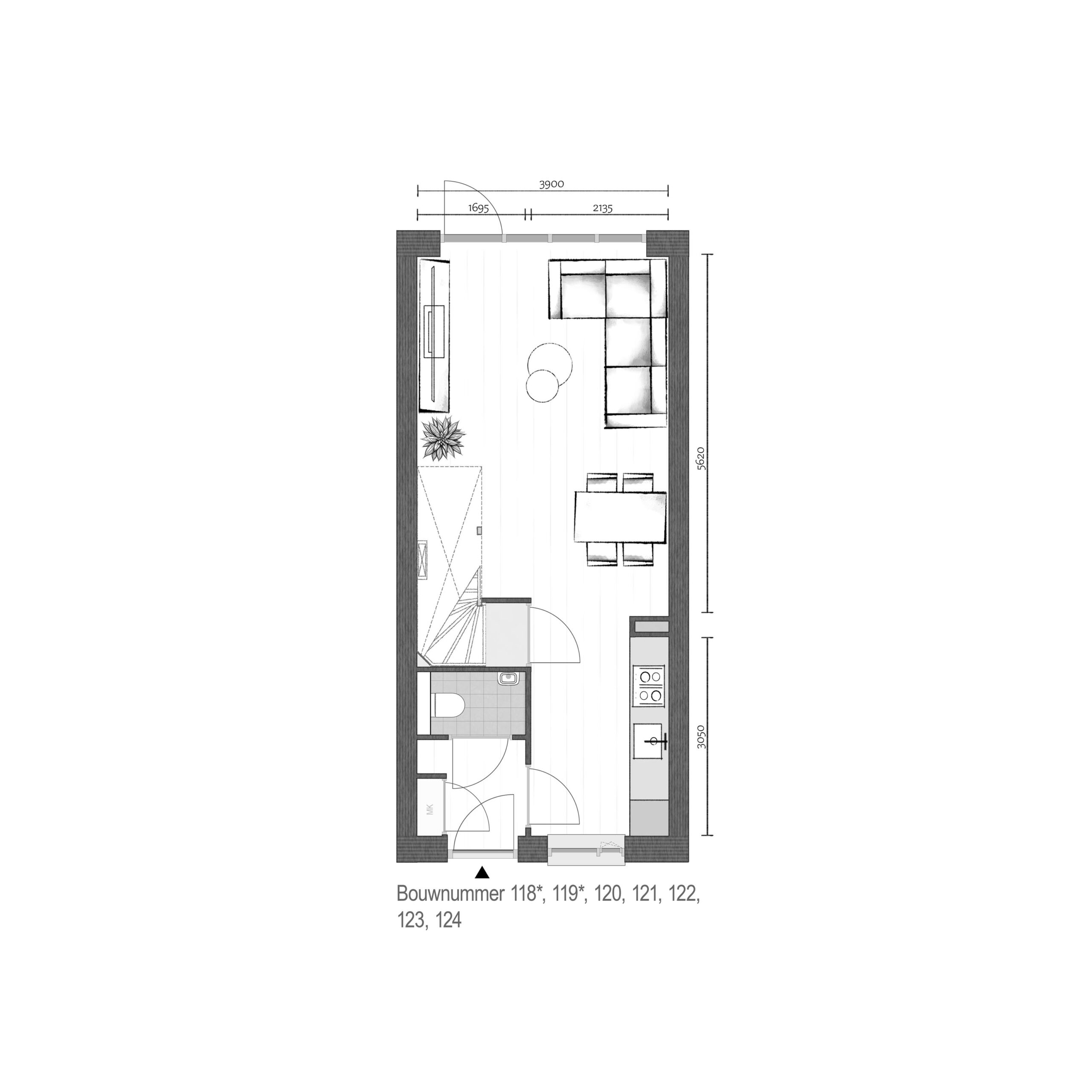 Plattegrond Begane grond - Bnr. 118 - 124